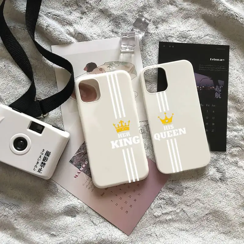 

King Queen Lovers Couple Phone Case White Candy Color for iPhone 6 7 8 11 12 s mini pro X XS XR MAX Plus