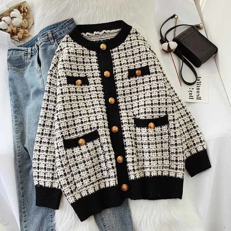 

Women Sweater Jacket 2021 Oversized Knitted Cardigans Loose Plaid Jumpers Korean Houndsmooth Robe Long Elegnat Female Coat