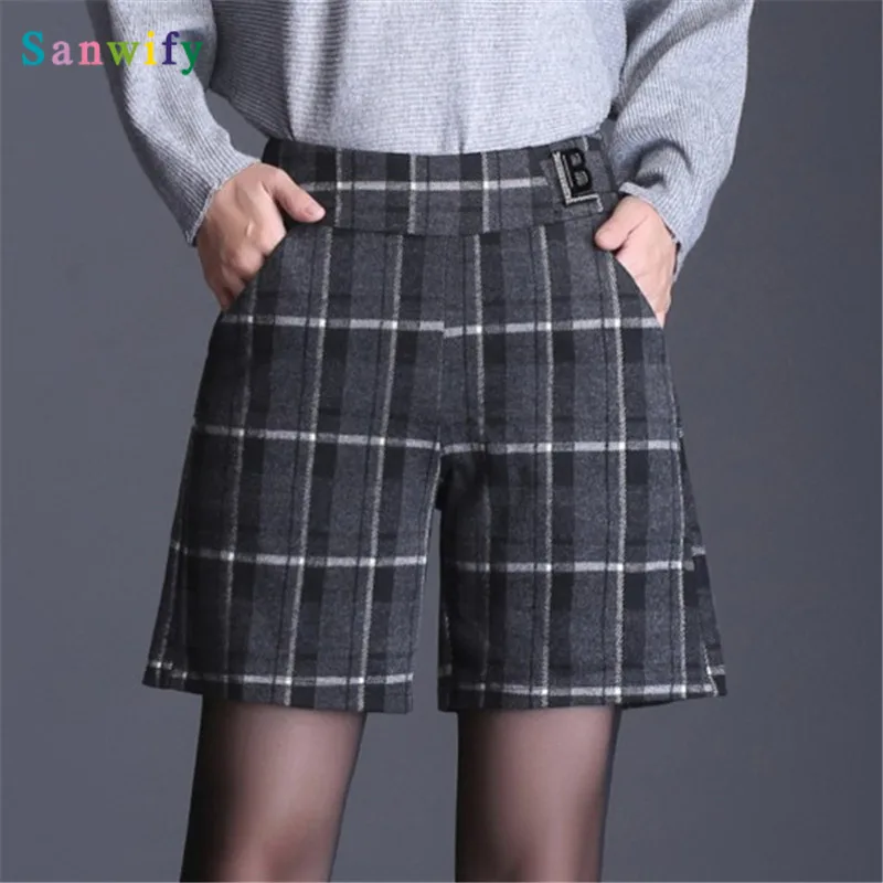 

Autumn Winter Woolen Shorts Women High Waist Plaid Wide Leg Wool Shorts Ladies Plus Size Casual Loose Boots Shorts