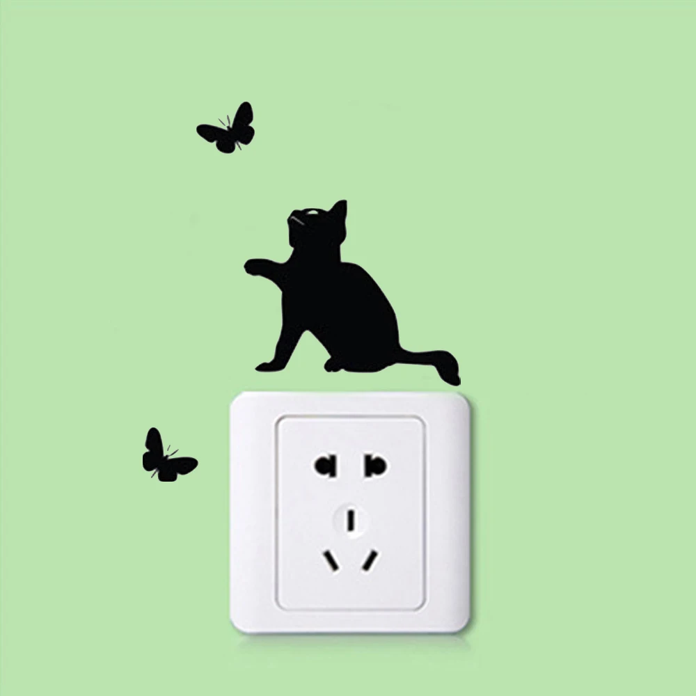 Настенная Наклейка с изображением черного кота и переключателя съемная