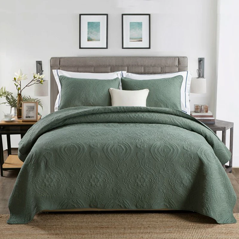 

3PCs Quilt Set 100% Cotton Quilts Quilted Bedspread Bed Cover Pillowcase Coverlet Set King Size Cotton Beige Green Quilt QT010