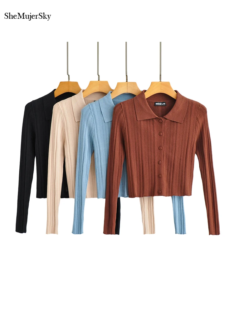 

SheMujerSky Women Solid Color Knitted Blouses 2022 Long Sleeve Elastic Slim Turn-down Collar Single Breasted Shirts Cropped Tops