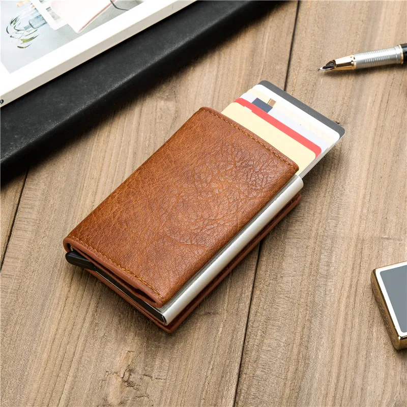 

Bycobecy 2020 Money Bag RFID Anti-theft Card Holder Clutch Single Box Men Women Wallet Business Pop-up Aluminum PU ID Case