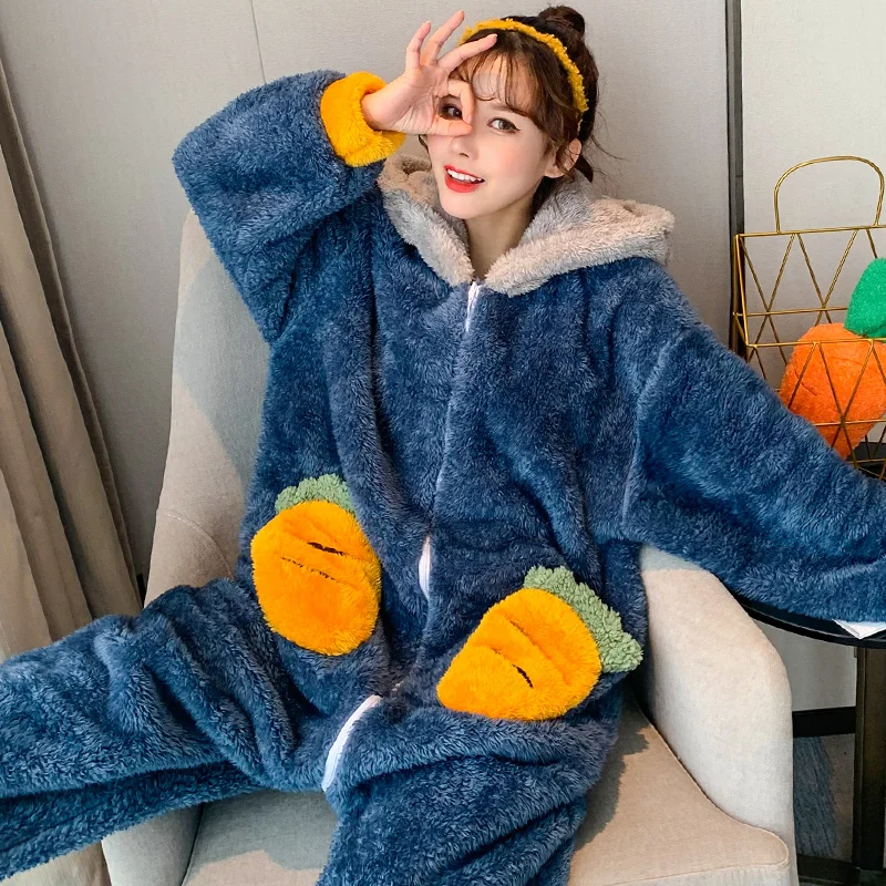 Plush Winter Pajamas Fashion Home Wear Women Sleepwear Cartoon Hooded Coral Velvet Nightgown Plus Size Flannel Nighty Add Fleece