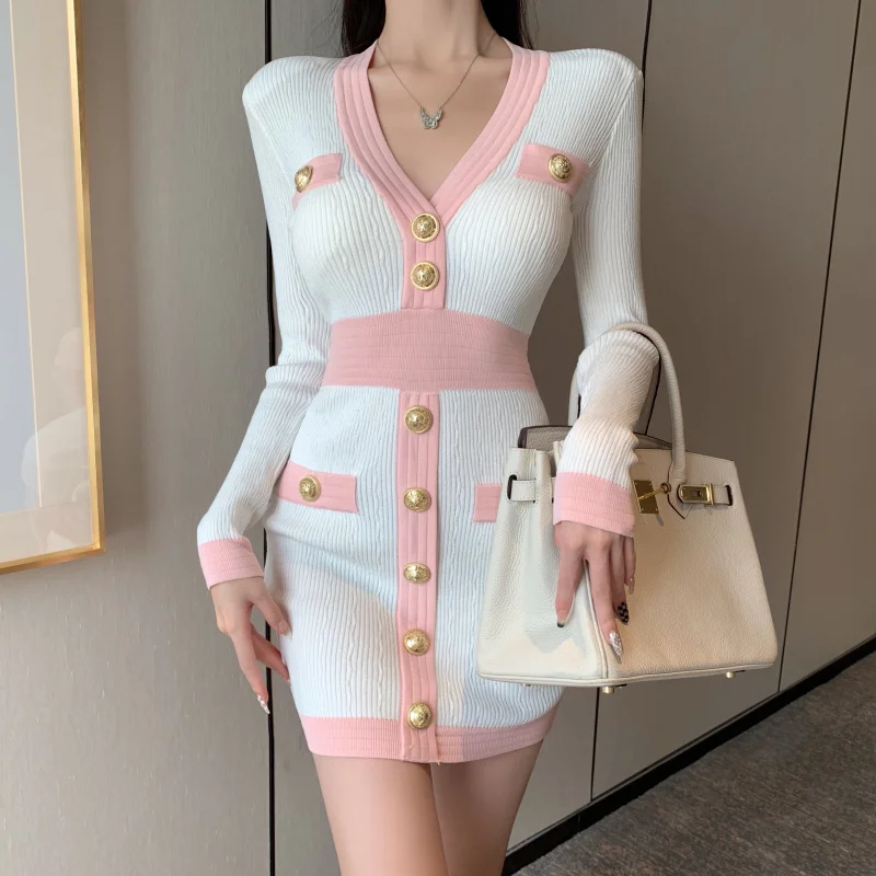 

Hit Color Patchwork Sweater Dresses 2021 Autumn Winter Elegant Sexy V-Neck Long Sleeve Single Breasted Female Bodycon Mini Dress