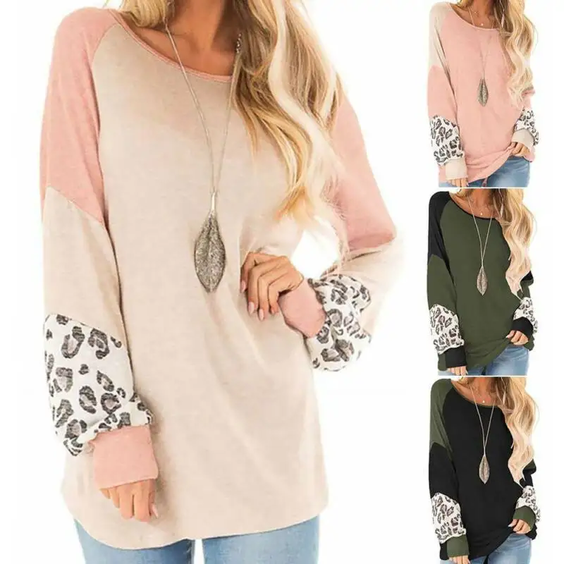 

Женская Лоскутная леопардовая футболка с длинным рукавом, базовая Свободная рубашка, блузка, Женский Топ