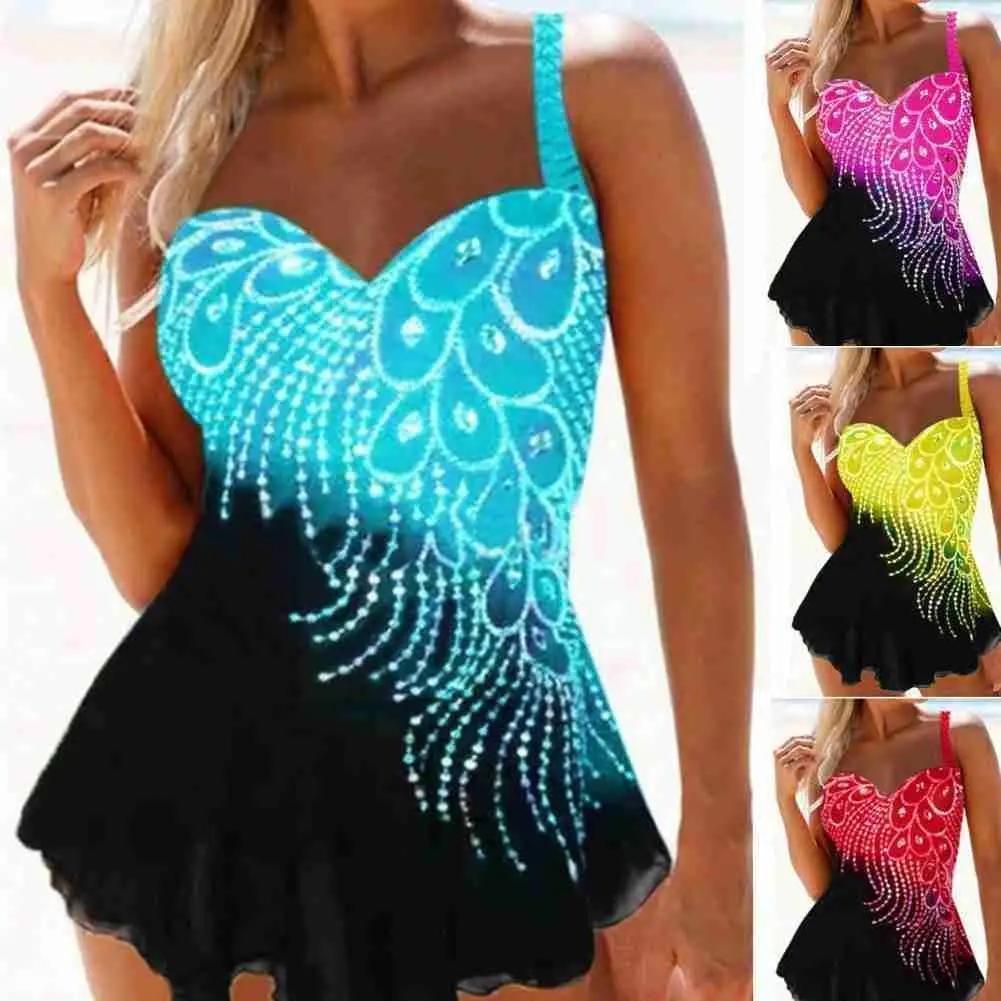 Ladies Swimsuit Feather Printing Hit Color Stitching Sexy Hot AliExpress Bikini Womail Split Women Self-cultivatio E8Q2 | Спорт и