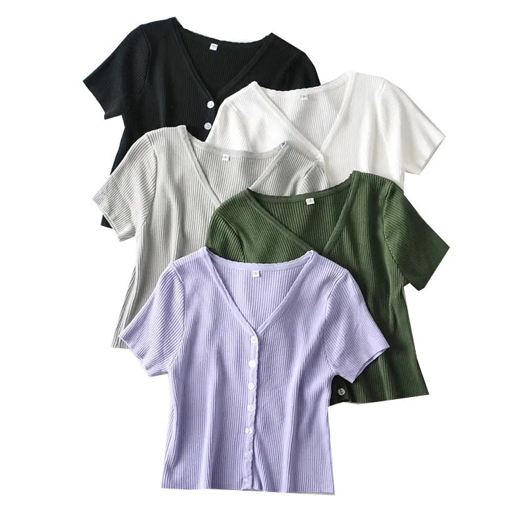 

Casual minimalist fashion 100 short-sleeved knitwear summer new short dew umbilical single button-down T-shirt women's wear