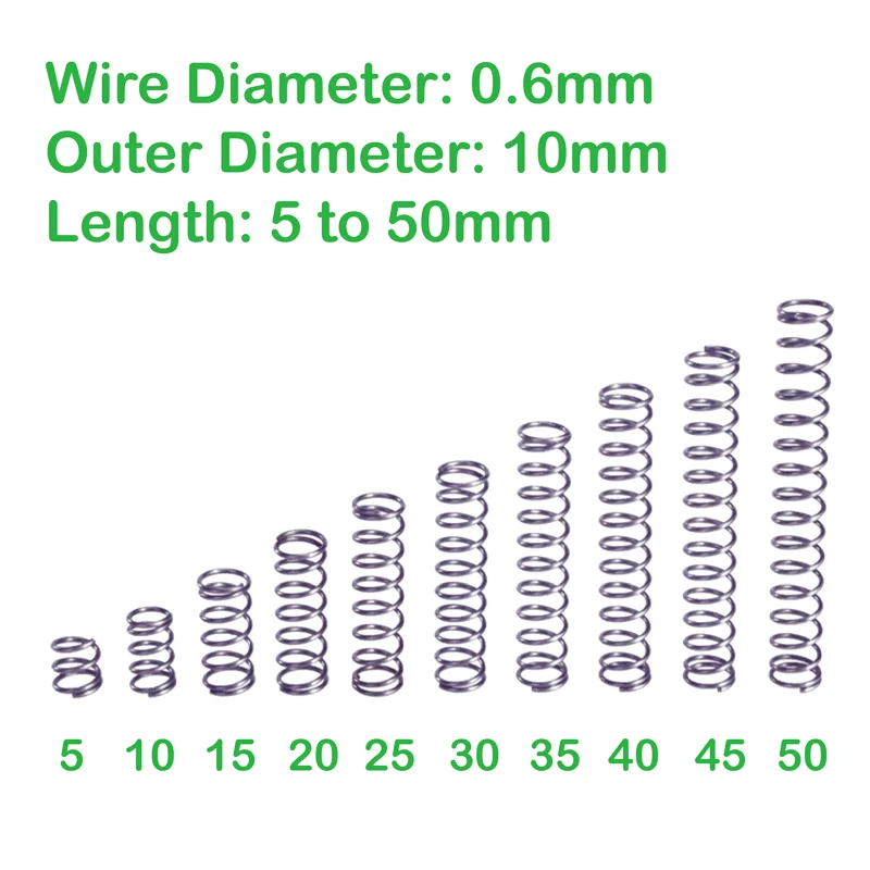 

Диаметр проволоки 0,6 мм, внешний диаметр 10 мм, Длина 5-50 мм, маленькие компрессионные пружины