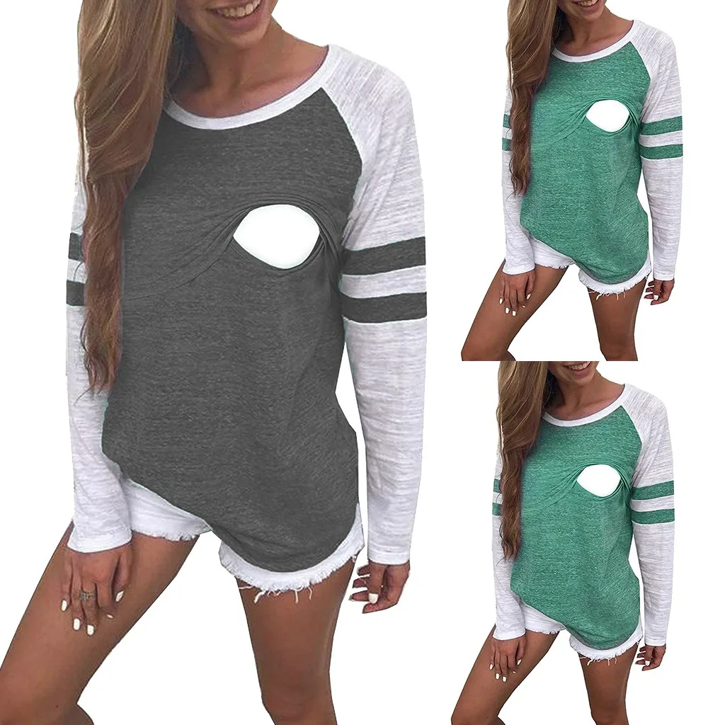 Топы для беременных Лоскутная футболка с длинными рукавами кормления пуловер