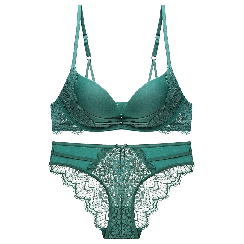 

Wire Free Bras for Women Sets Glossy Lace Bralette Set Lingerie Sexy Black White Green Comfortable Bra and Underwear Set Female