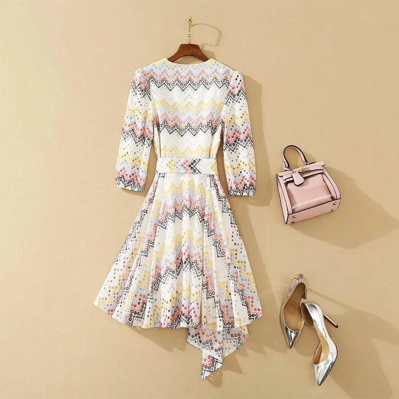 

New 2020 Autumn Style Dress High Quality Women V-Neck Colorful Geometric Patterns Print Belted Sexy Asymmetrical Dress Vestido