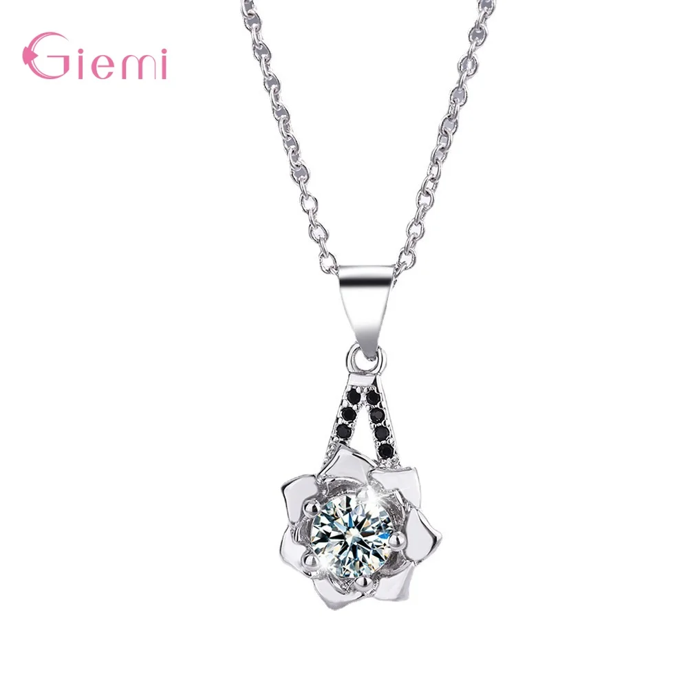 

Luxury 925 Sterling Silver Flower Pendant Necklace Women Female Fashion White Zircon Crystal Link Chain Necklace Party Jewelry