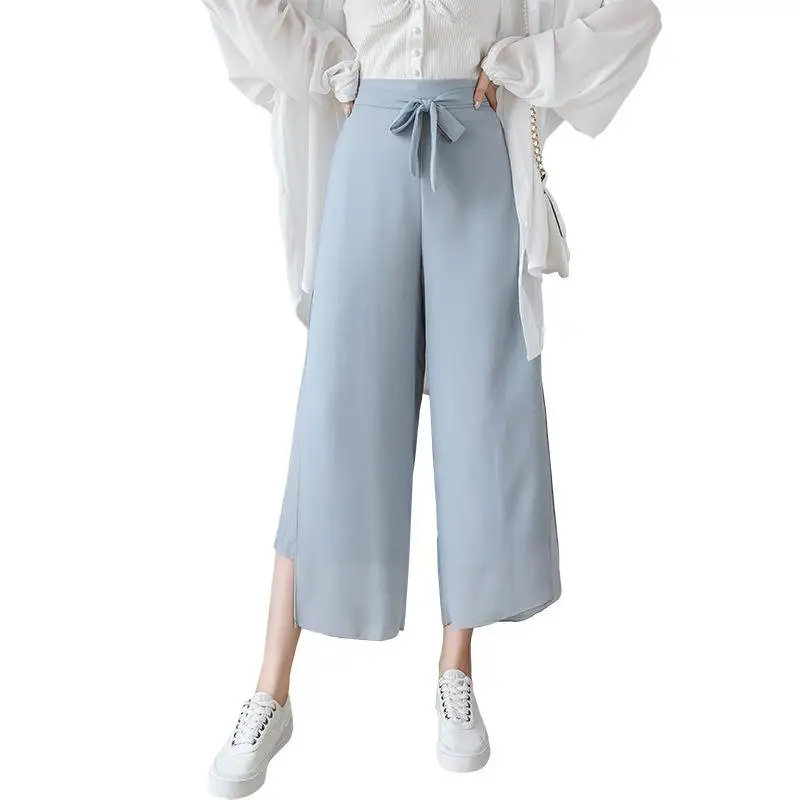 

ICHOIX Summer Culottes Pants Women Wide Leg Pants Bow Tie split Office ladies Nine Pants High Waist Trouser casual Chiffon Pants