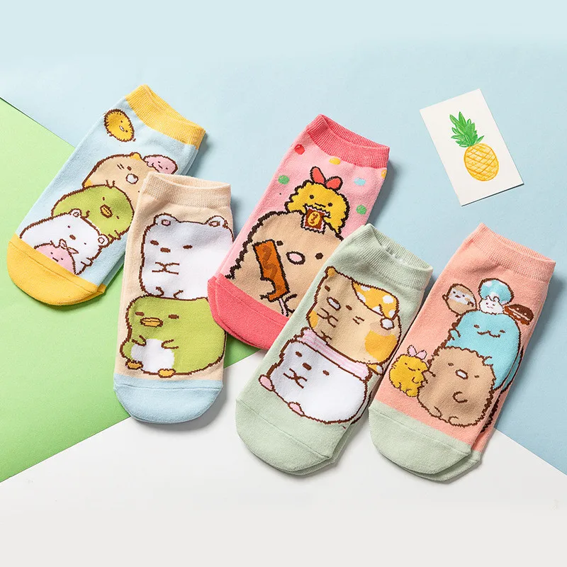 10 Pieces = 5 Pairs Kawaii Cartoon Women Ankle Socks Ins Cute Animals Happy Funny Novel Pink Socks Christmas Gifts Popsocket
