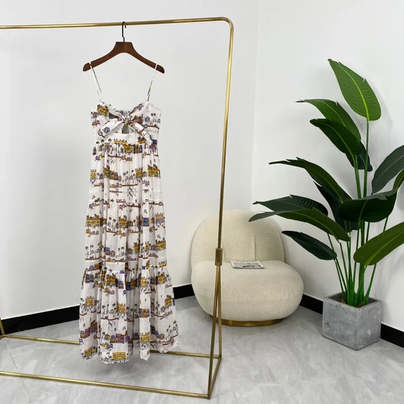 

Summer Hot Sale Cartoon Houses Coconut Trees Print Ladies Elegant Sleeveless Spaghetti Dress 2021