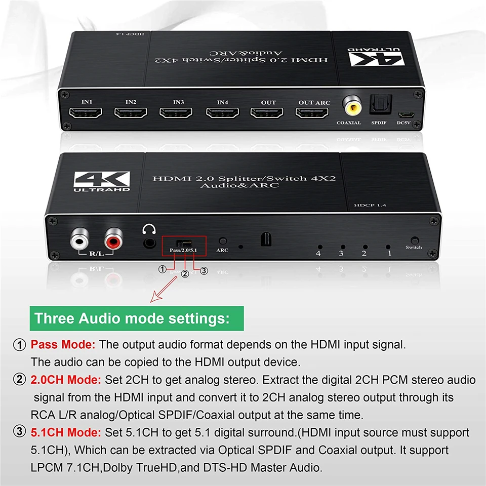 4K HDMI коммутатор 4x2 с дистанционным оптическим Toslink и коаксиальным 4 в 2 Выход HDMI коммутатор 4 порта HDMI 2,0 для Apple tv PS4