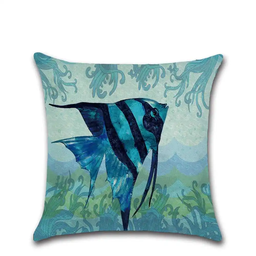 Льняная декоративная подушка в виде морской черепахи Морской коньки наволочка