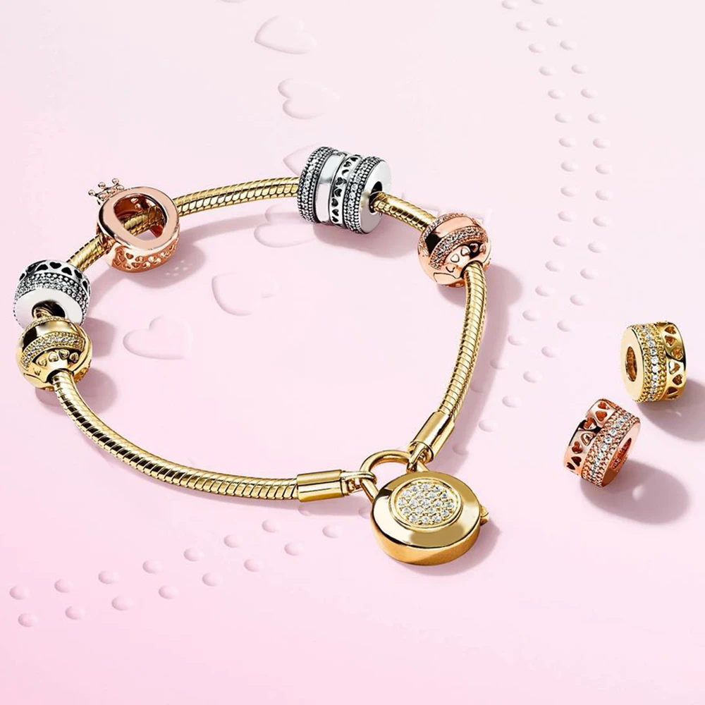 

2020 100% 925 Sterling Silver Shine Crown O Charm Rose Hearts of Spacer Charm LOGO HEARTS CLIP MOMENTS SMOOTH BRACELET SET