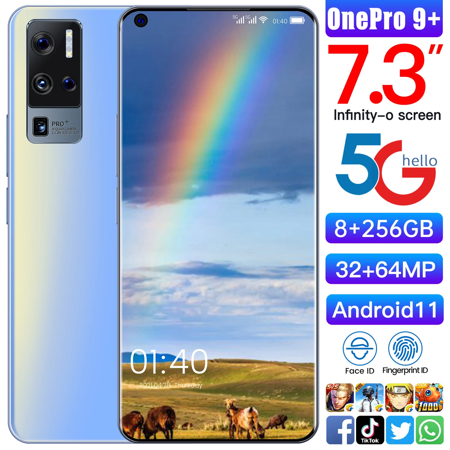 

2021 New Flagship OnePro9 + 7.3Inch 2K Screen Android11 Smartphone 256/512GB Face ID 32MP Camera 5G LTE Dual SIM Card Cell Phone