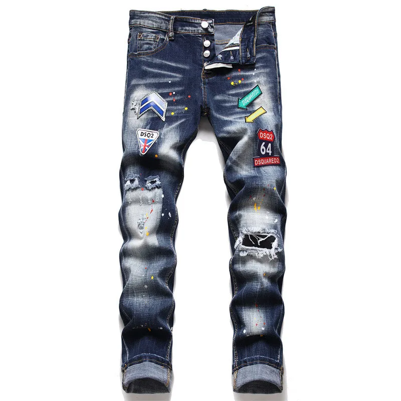 

KIMSERE мужские модные брендовые рваные джинсы с нашивками и дырками Hi Street потертые джинсовые брюки потертые синие уличные брюки