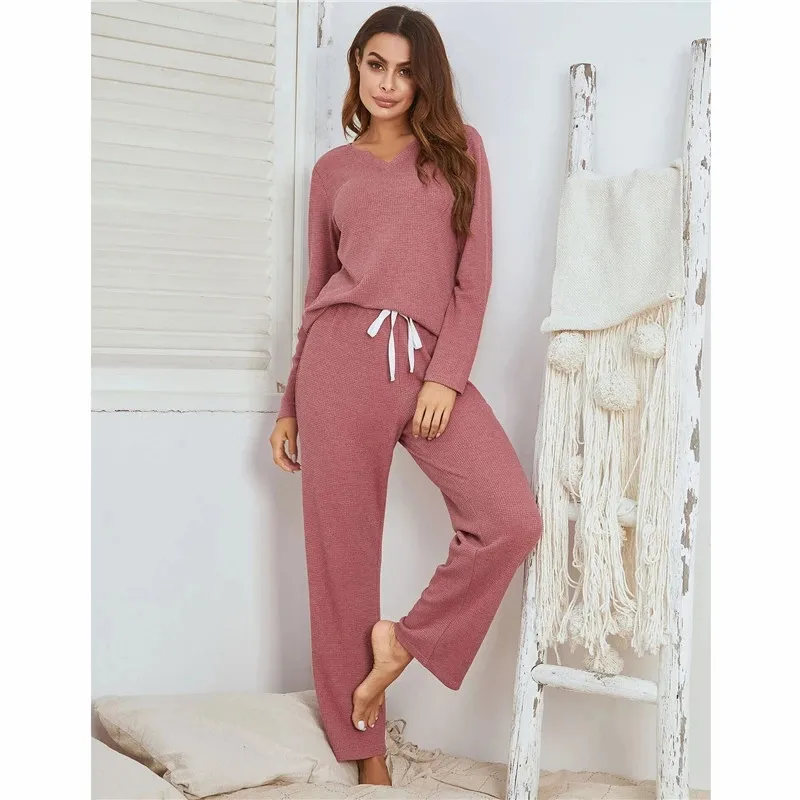

Sleepwear Women Cotton Casual Solid Pajamas 2 Piece Set Trousers Suit Autumn Winter Pullover Tops Leisure Homewear Night Wear