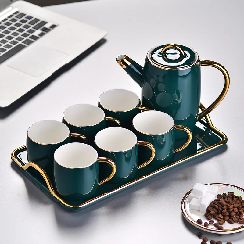 

Ceramic Coffee Tea Set Nordic Green Kettle Phnom Penh Coffee Pot Tea Cup Water Ware Home Bar Decoration 1pot 6cup 1tray Set