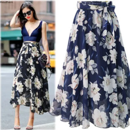 

Houthion Women's Skirt Floral Chiffon Skirts Casual Fashion Pure Elastic Waist Fast Delivery Long Skirts for Women