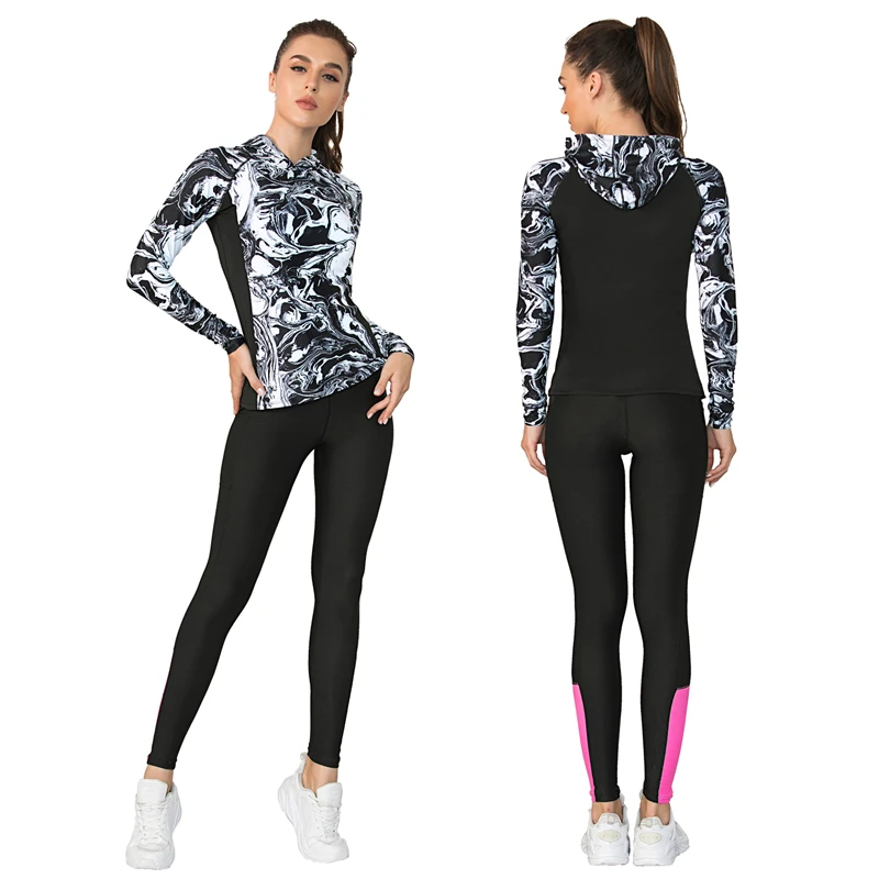 

New Yoga Hoodies Women Long Sleeve Sports Jacket Patchwork Yoga Suit S-XL Girl High Waist Leggings Gym Ankle-Length Pants