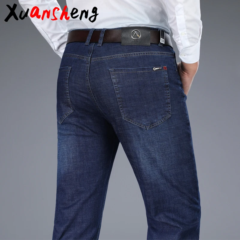Мужские прямые джинсы XuanSheng синие и черные повседневные длинные Стрейчевые брюки