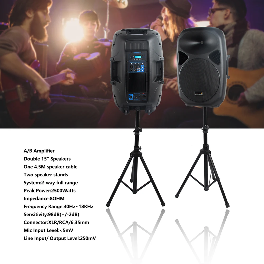 구매 15 인치 2500W PA 전원 활성 스피커 무대 삼각대 스탠드 2 채널 UHF 헤드셋 무선 마이크 SSD-15A + SMU-0202B