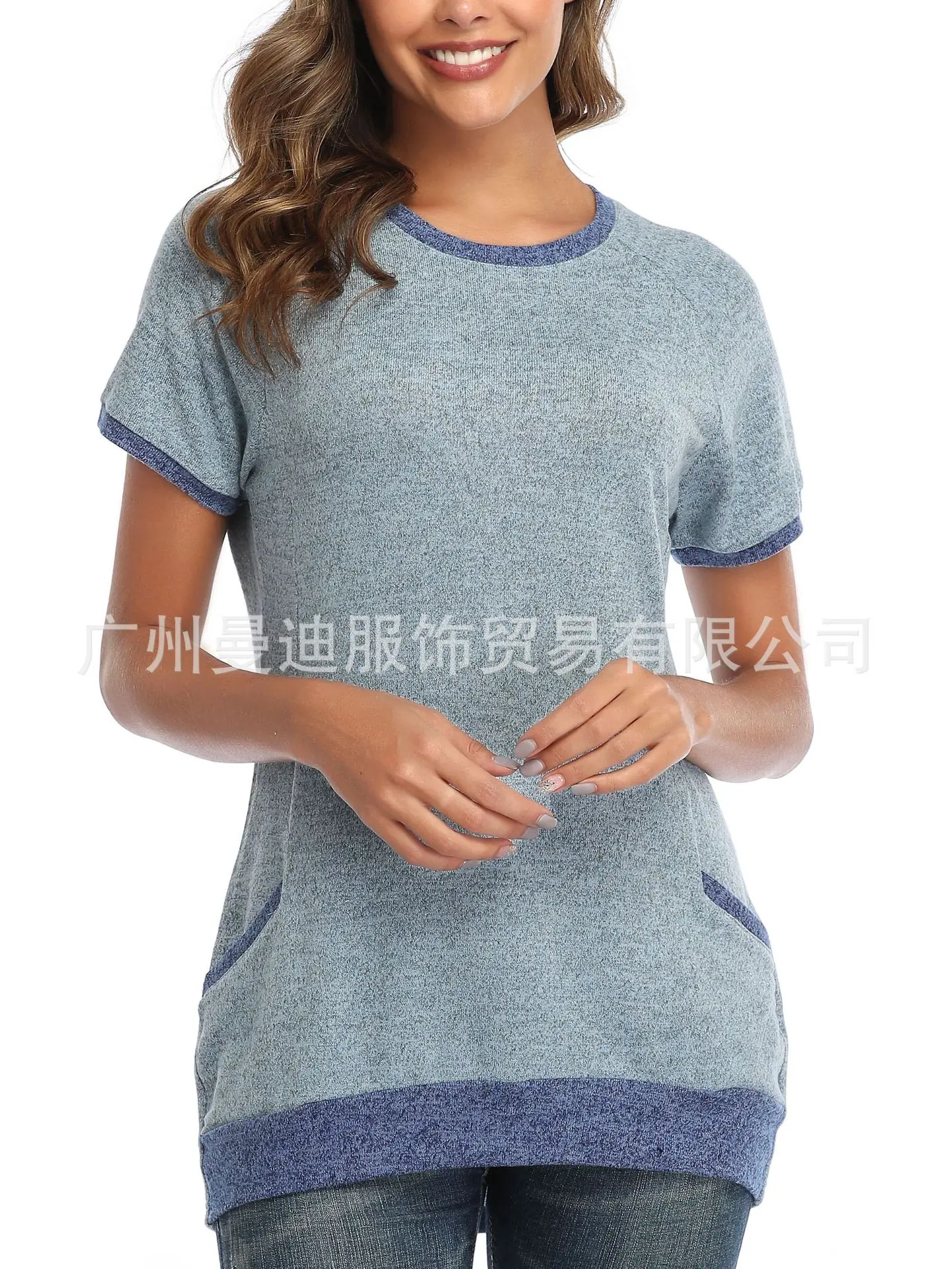 

2021 new contrast pocket short sleeve crew neck Pullover Sweatshirt casual loose T-shirt