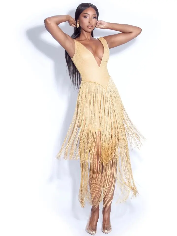

Gold Color Silver Line Ladies HL Bandage Dress Sleeveless Sexy V-Neck Bodycon Tassel Dress Club Party Sexy Dress