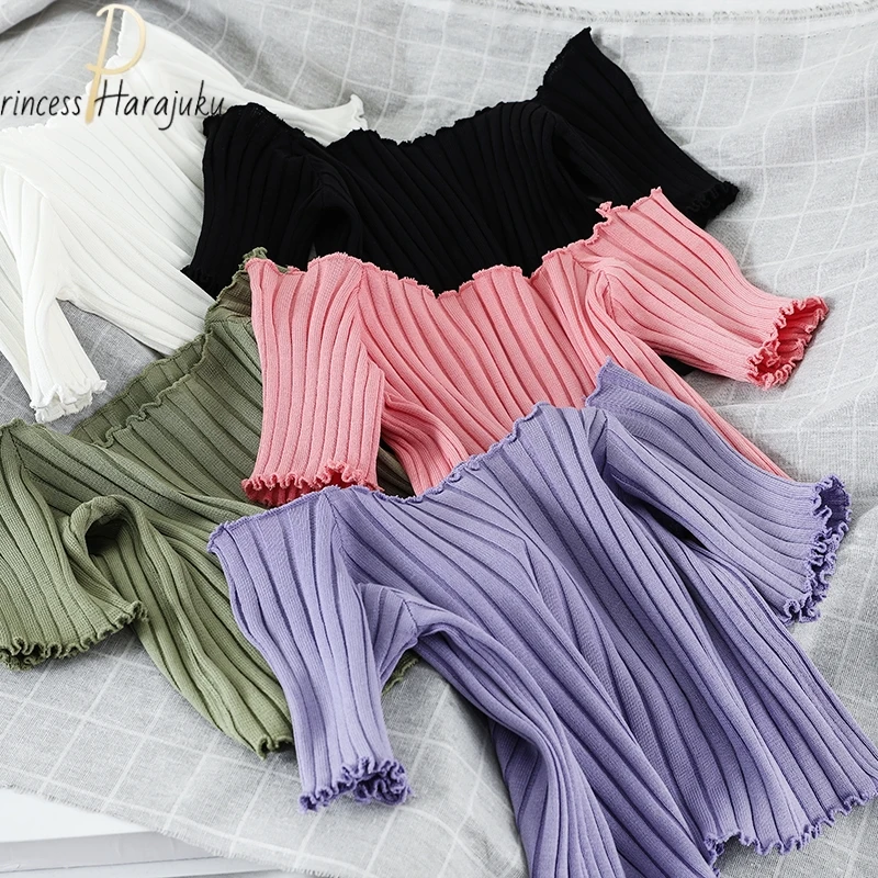 

Summer Fashion T-shirts Off Shoulder Knitting Crop Tops Woman Short Sleeve Stretchy Ruffles Hem Tshirts Stripes Green For Women