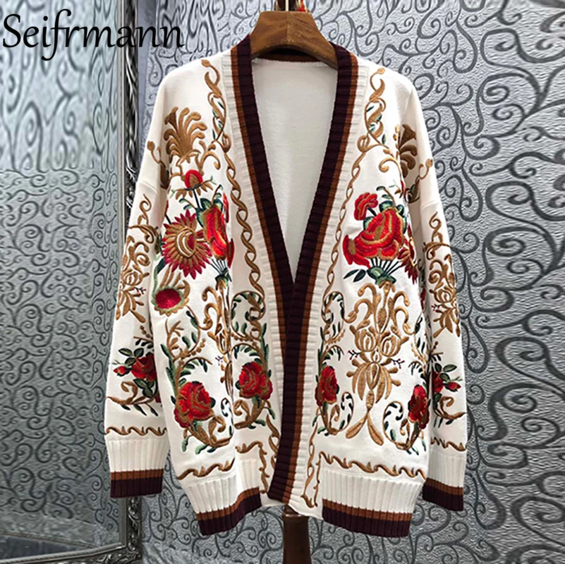 

Seifrmann Новинка 2021 осенние женские модные дизайнерские свитера с длинным рукавом винтажные вышитые цветы Элегантные Топы Кардиган Свитера