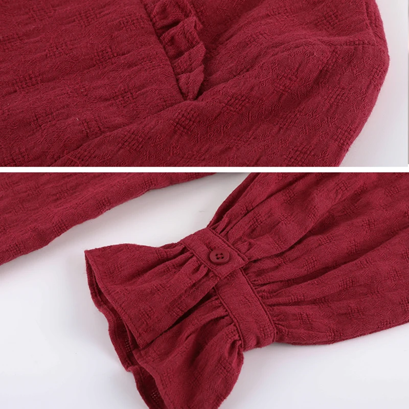 

2021 Autumn Long Sleeve Cotton Womens Blouses V-neck Cardigan Plus Size Blouses Women Casual Ruffles Solid Shirts Women 11057