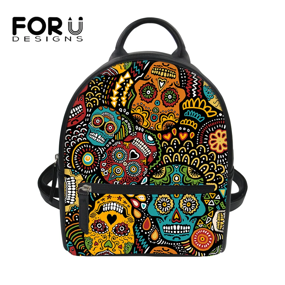 

FORUDESIGNS Goth Skull Printing Women's Mini Backpack Luxury PU Leather Bagpack Cute Small School Bags for Girls Bolso Mochila