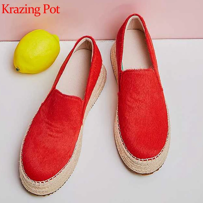 

Krazing Pot horsehair straw bottom flat platform colorful slip on loafers round toe maiden preppy style cozy leisure shoes L82
