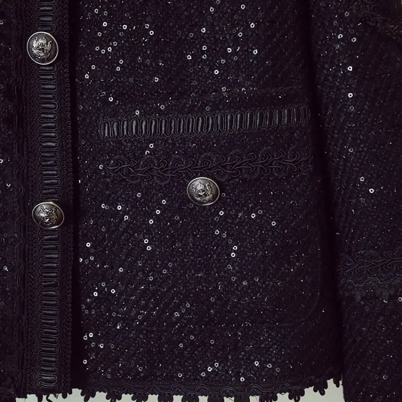 Женская твидовая куртка дизайнерская однобортная на пуговицах с круглым вырезом