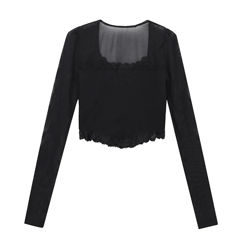 Женская черная сетчатая Прозрачная Футболка облегающий привлекательный