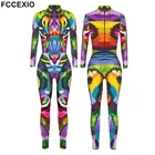Цветной комбинезон FCCEXIO с 3D принтом тигра, комбинезон с длинным рукавом, комбинезон для вечеринок, эластичные Комбинезоны для косплея