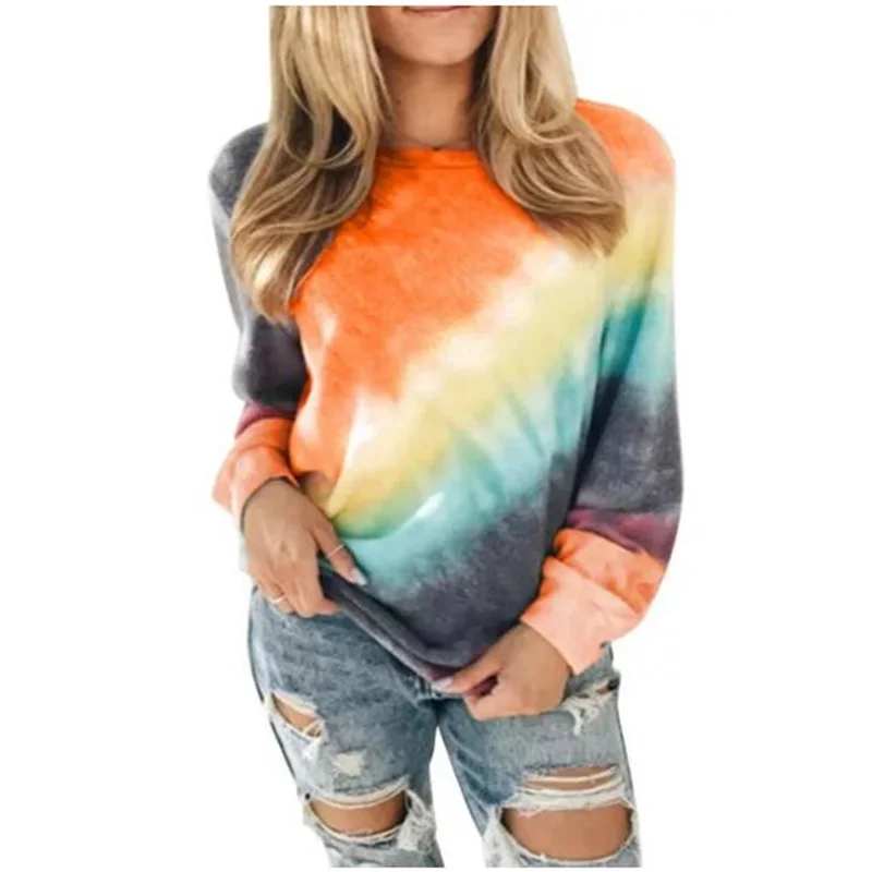 

Spring 2021 new round neck loose sweater tie-dye jacquard sweater color matching loose long-sleeved pullover loose sweater women