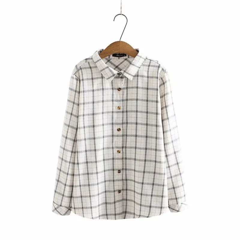 

Plus Size Shirt For Women XL-4XL Cotton Plaid Fabric Lapel Long Sleeve Spring And Autumn Large Size Tops For Fatwomen's Wear