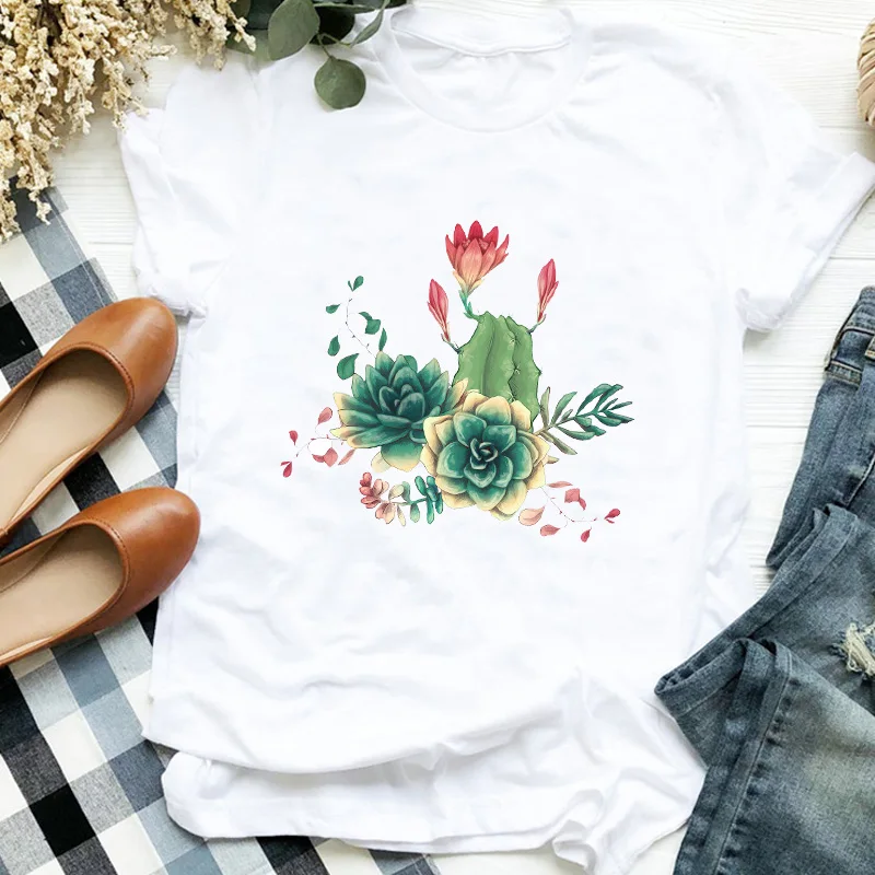 

Women Lady Plant Cactus Floral 90s Korean Flower Print Fashion T Tee Womens Tshirt Female Shirt Clothes Top Graphic T-shirt