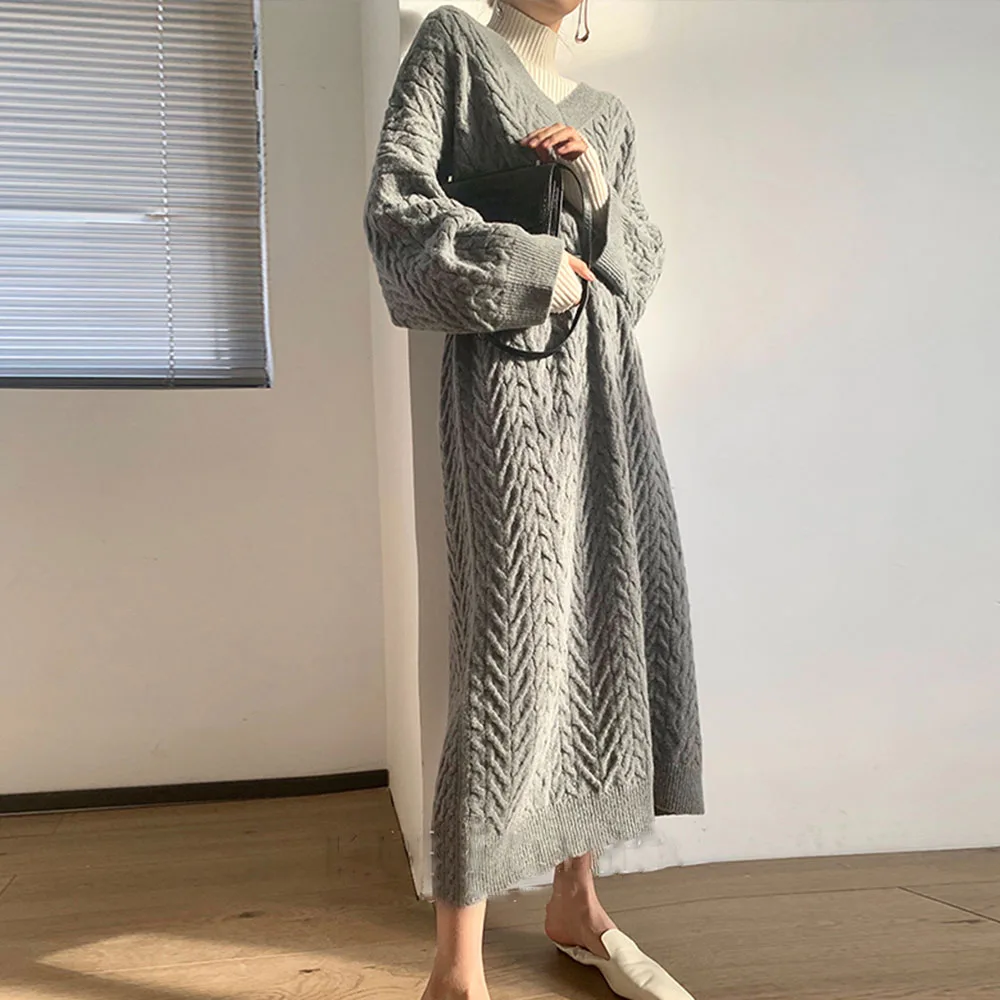 

Sweater Knitted Dress Long Women Solid Color V-neck Long Sleeve 2021 Autumn Winter Korean Fashion Loose Casual Japanese Style