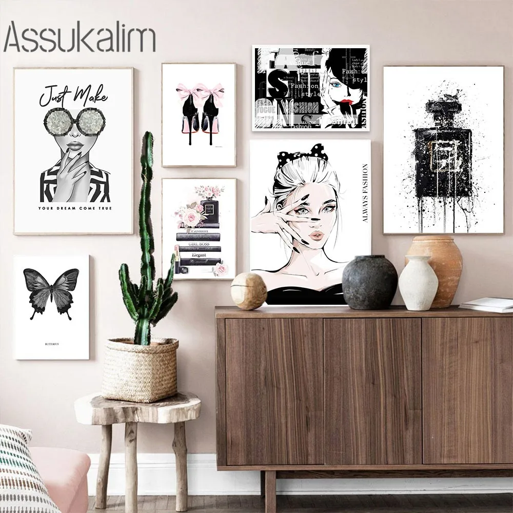 

Perfume Bottle Canvas Painting Butterfly Wall Art Posters Fashion Girl Art Print Modern Wall Paintings For Living Room Decor
