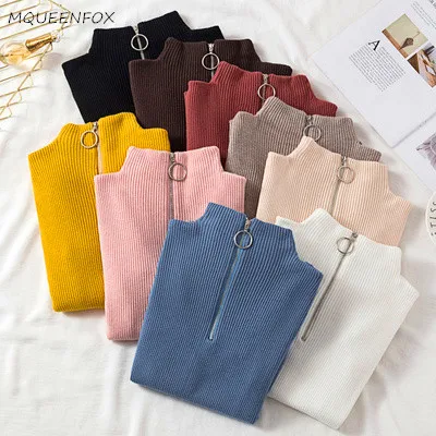 

Fashion Zipper Knitted Sweater Women badycon long sleeve Sweater Pullover 2020 Autumn Basic Turtleneck Sweater ladies jumper