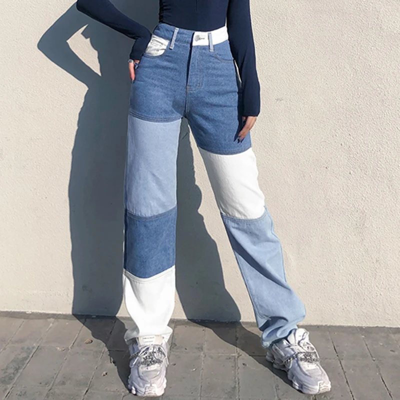 

Fashion Women High Waist Jeans Streetwear Colorblock Patchwork Vintage Design Button Fly Straight Denim Pants Slim Jean 2021