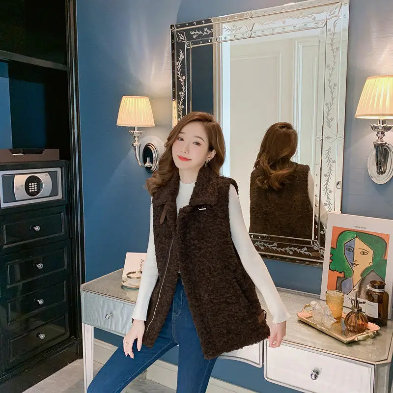 Korean Fashion Sleeveless Jackets 2021 Women's Winter Sheepskin Coat One Piece Faux Fur Coat Outwear Women's Vest Warm Wool Coat