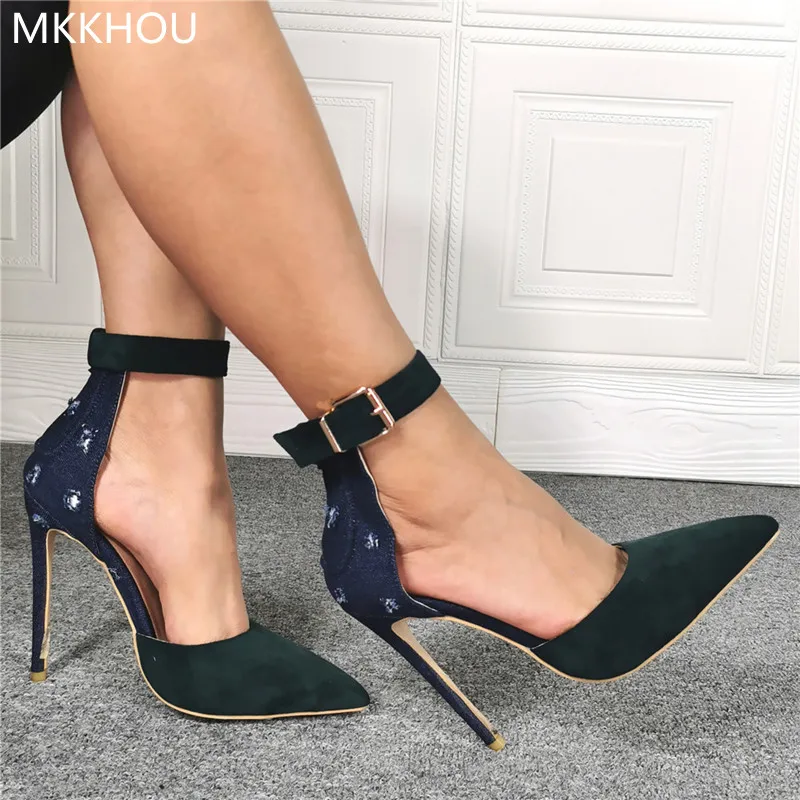 MKKHOU Fashion Pumps New Green High Heels Suede Pointed Ankle Buckle Stiletto 12cm High Heel Women Shoes Office All-Matchl